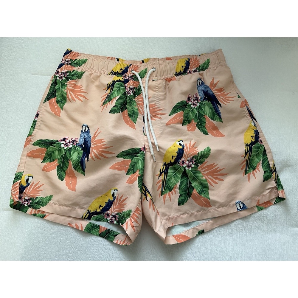 Tropical Parrot Print Swim Trunks Mens Size L Peach‎ Beach Vacation Pool Shorts